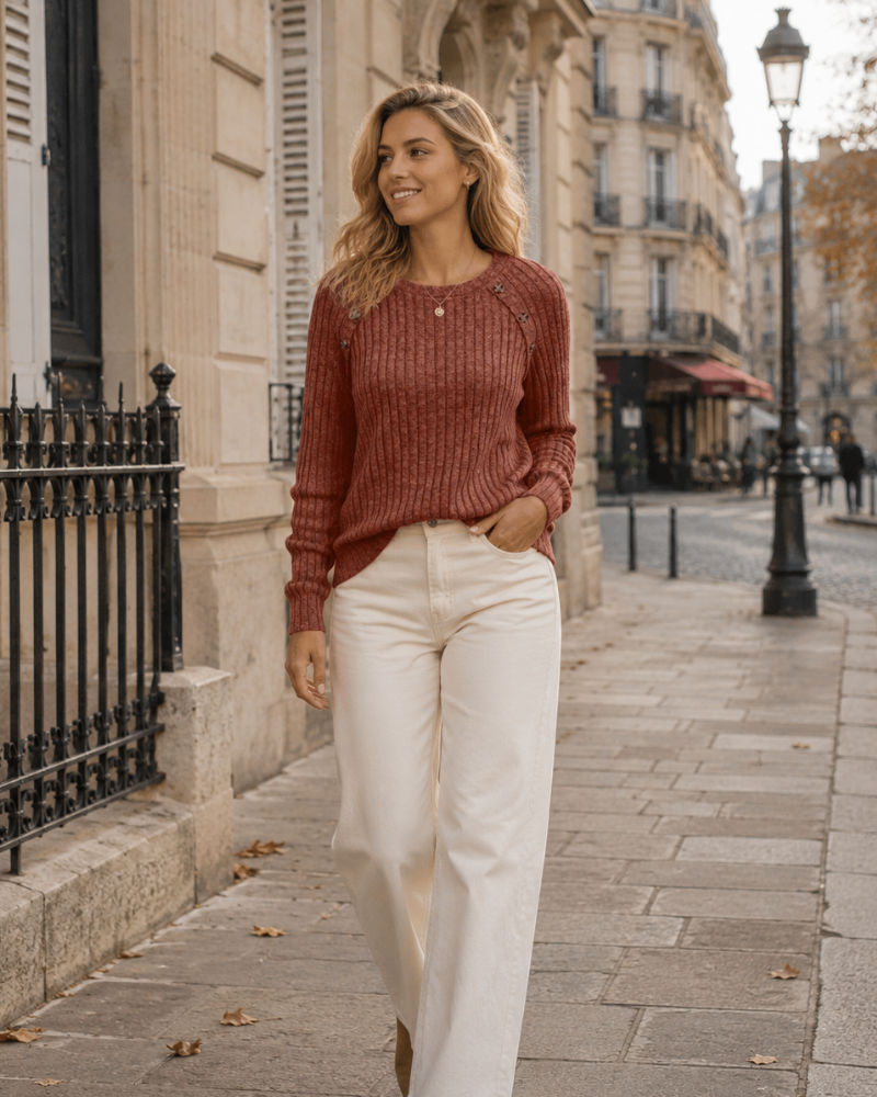 Brielley Pull Femme – Maille Texturée, Détails Boutonnés & Coupe Décontractée