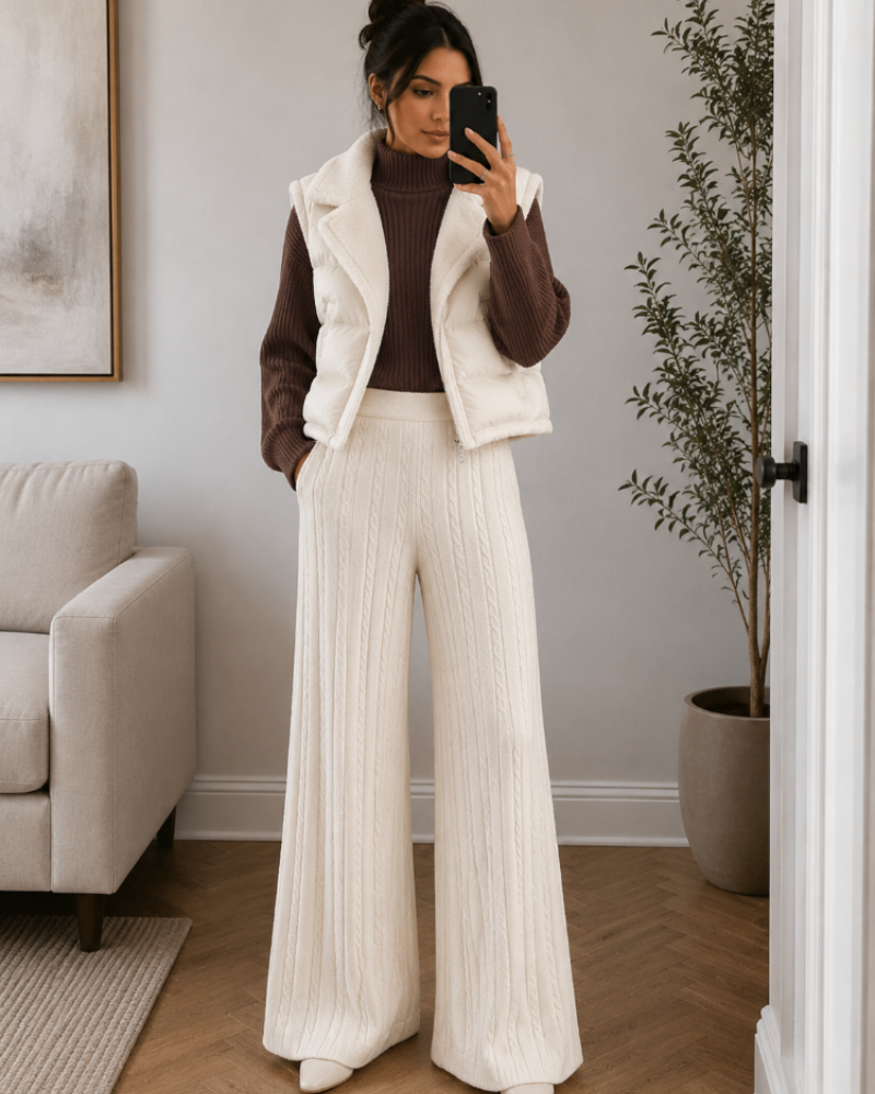 Completo da donna Laurel a 3 pezzi – maglione a collo alto, pantaloni in maglia e gilet trapuntato