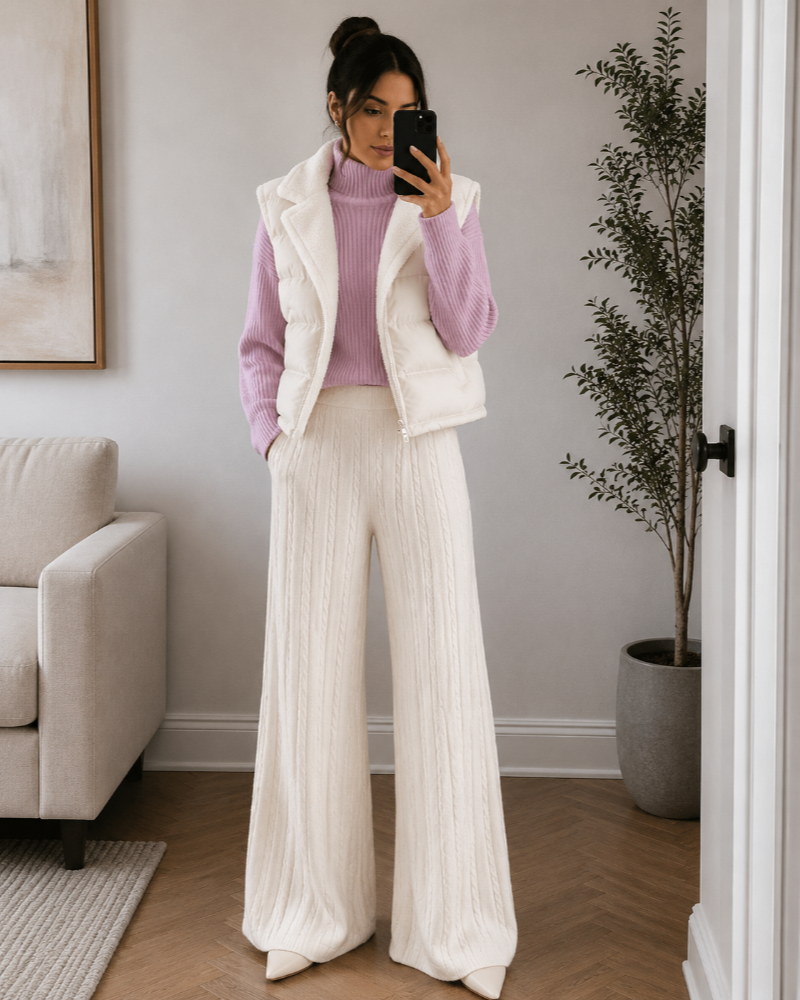 Completo da donna Laurel a 3 pezzi – maglione a collo alto, pantaloni in maglia e gilet trapuntato