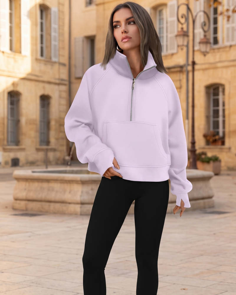 Sudadera Tina de media cremallera para mujer – Cuello alto, forro polar y bolsillo canguro
