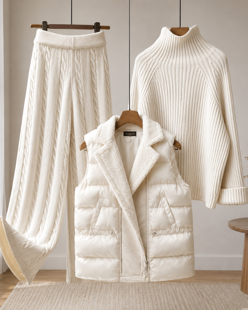Completo da donna Laurel a 3 pezzi – maglione a collo alto, pantaloni in maglia e gilet trapuntato