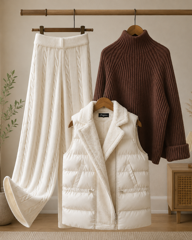Completo da donna Laurel a 3 pezzi – maglione a collo alto, pantaloni in maglia e gilet trapuntato