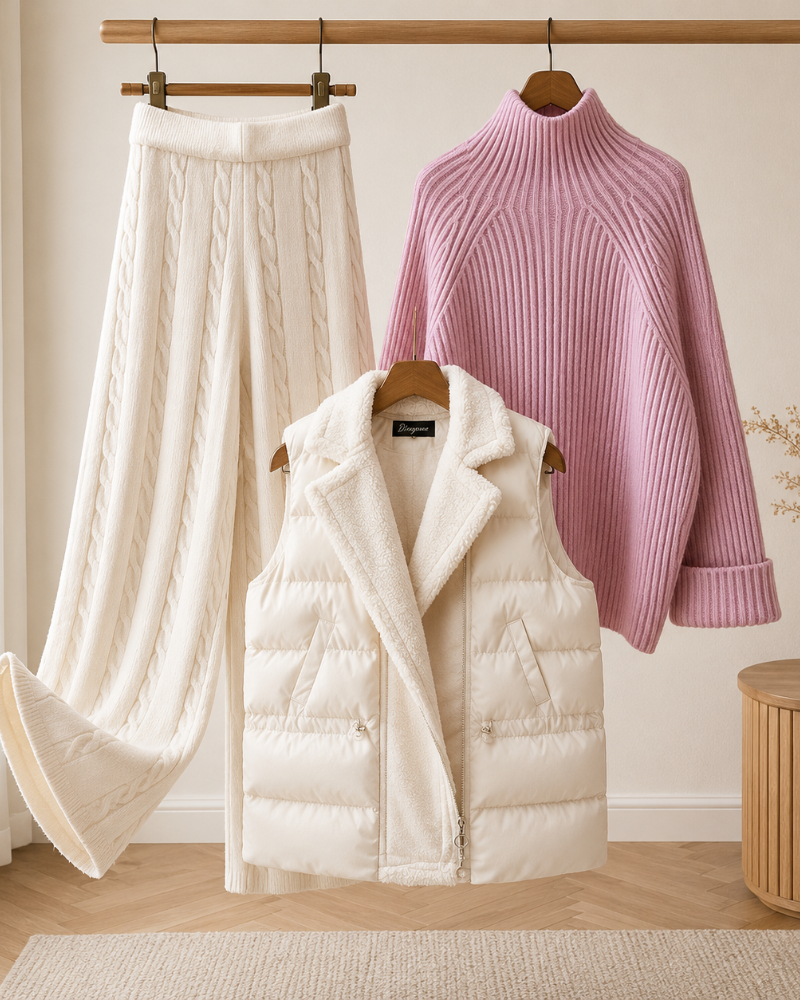 Completo da donna Laurel a 3 pezzi – maglione a collo alto, pantaloni in maglia e gilet trapuntato