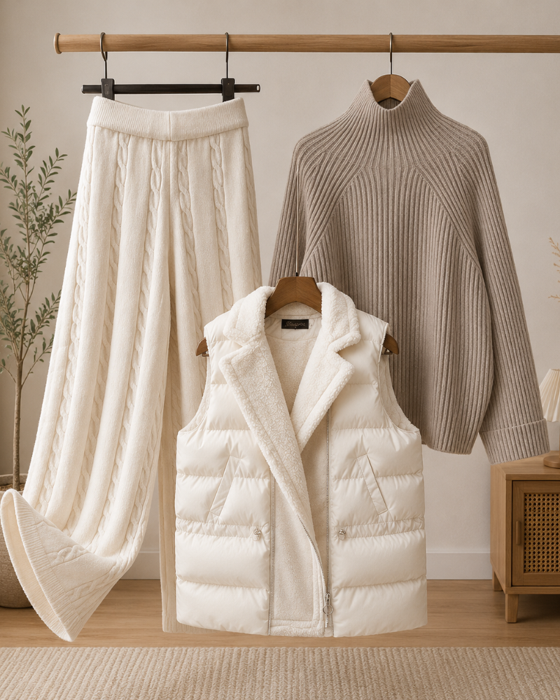 Completo da donna Laurel a 3 pezzi – maglione a collo alto, pantaloni in maglia e gilet trapuntato