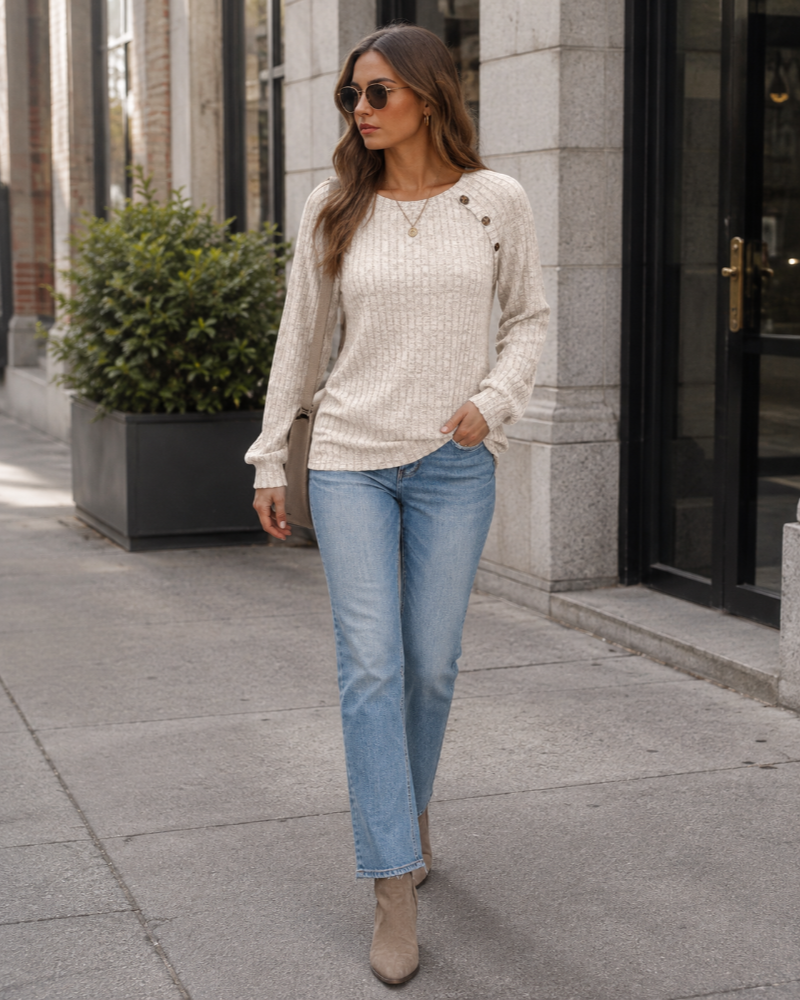 Brielley Pull Femme – Maille Texturée, Détails Boutonnés & Coupe Décontractée