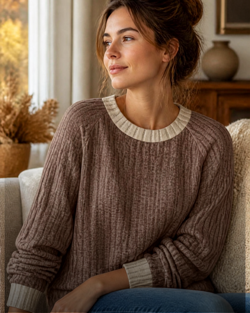 Linnea Lightweight Women's Sweater – Crew Neck, Relaxed Fit & Contrast Details