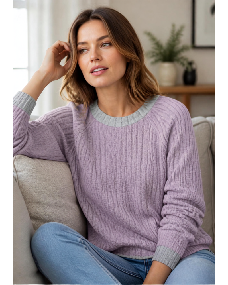 Linnea Lightweight Women's Sweater – Crew Neck, Relaxed Fit & Contrast Details
