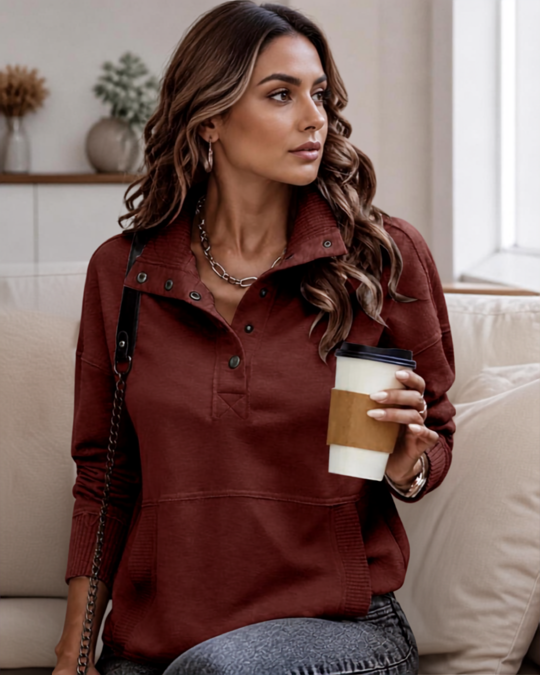 Hadriana Sweatshirt für Damen – Stehkragen mit Knopfleiste, lange Ärmel & lockere Passform