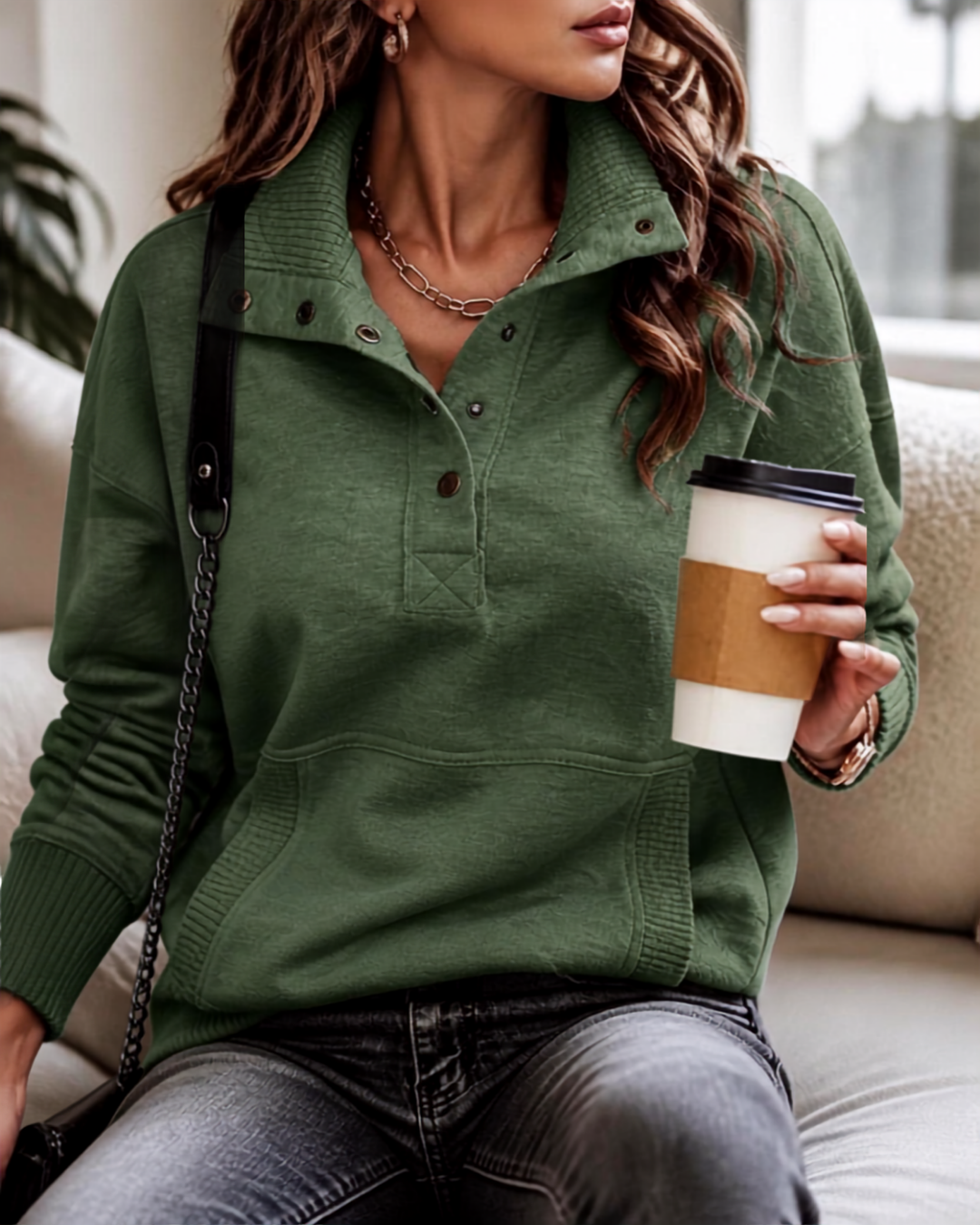 Hadriana Sweatshirt für Damen – Stehkragen mit Knopfleiste, lange Ärmel & lockere Passform