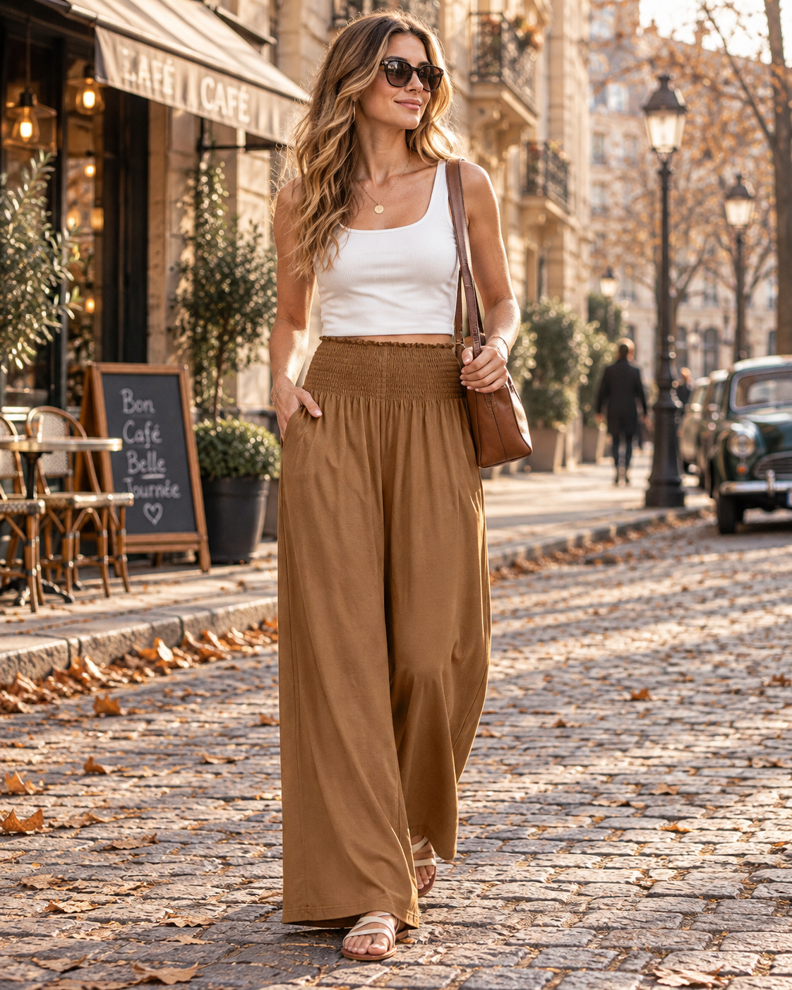 Anastacia Women's Palazzo Trousers – High Smocked Waist, Wide Legs & Pockets