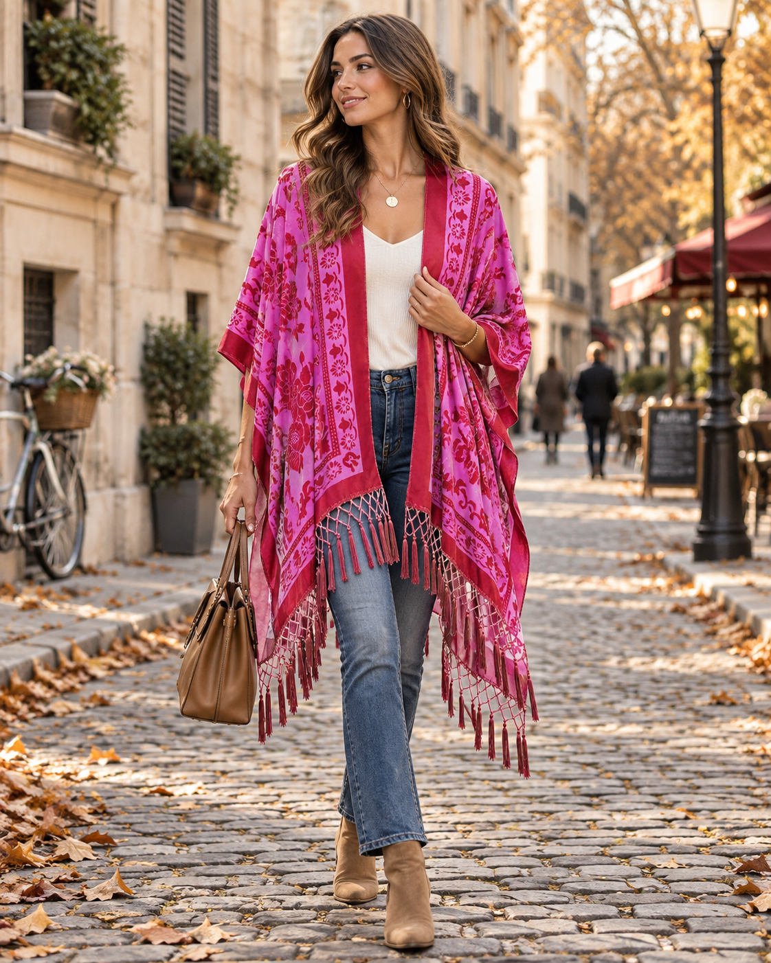 Dámske dlhé zamatové kimono Ofel – kvetinový vzor, strapce s brmbolcami a voľný strih
