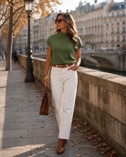 Jersey de punto Lian para mujer – Cuello alto, mangas cortas y corte relajado