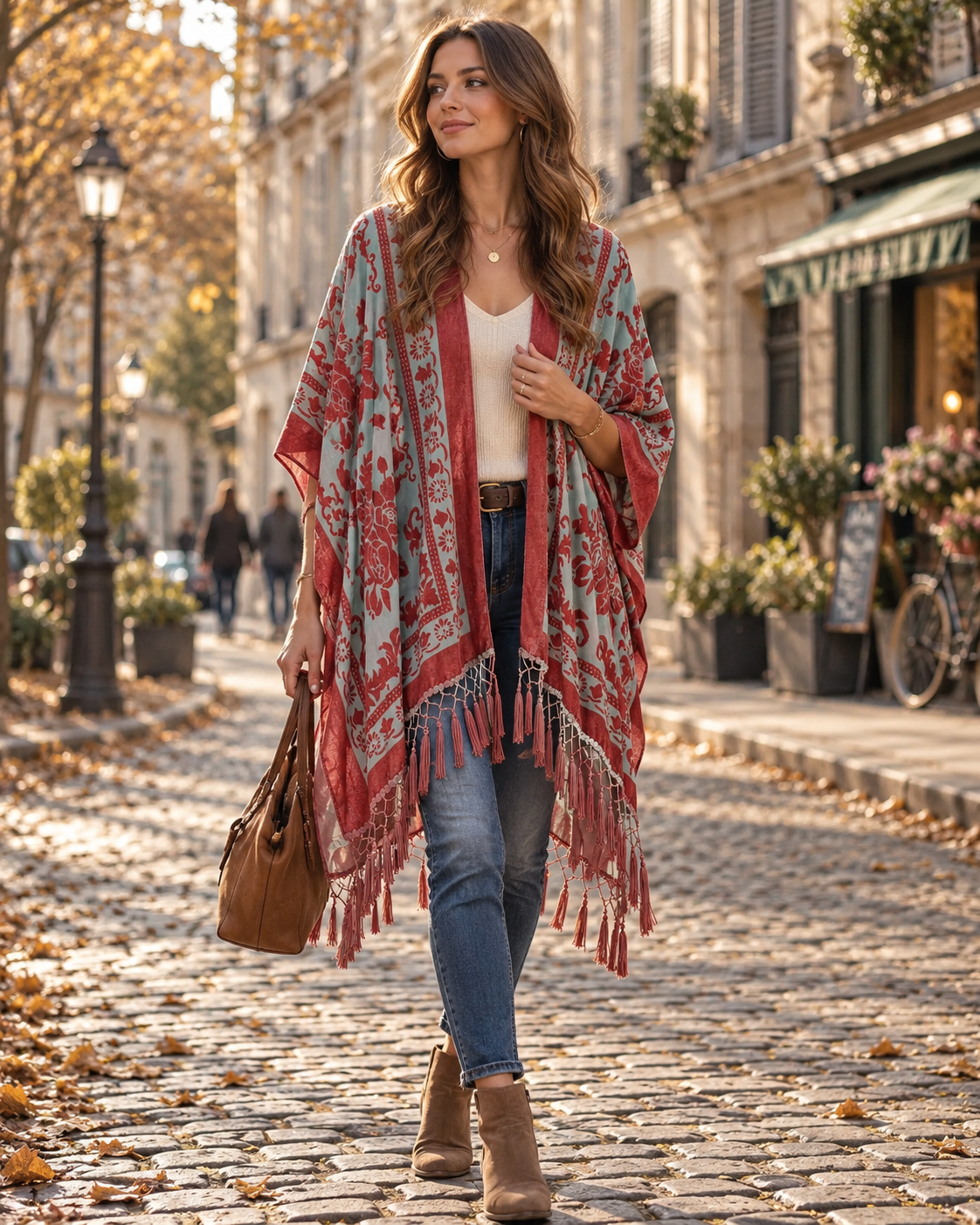 Dámske dlhé zamatové kimono Ofel – kvetinový vzor, strapce s brmbolcami a voľný strih