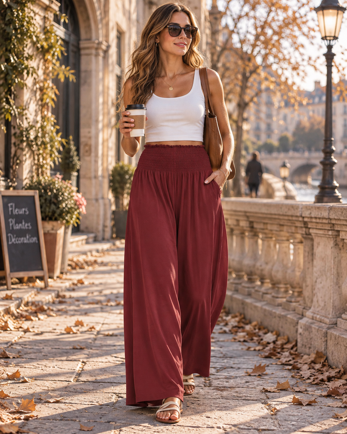 Anastacia Women's Palazzo Trousers – High Smocked Waist, Wide Legs & Pockets