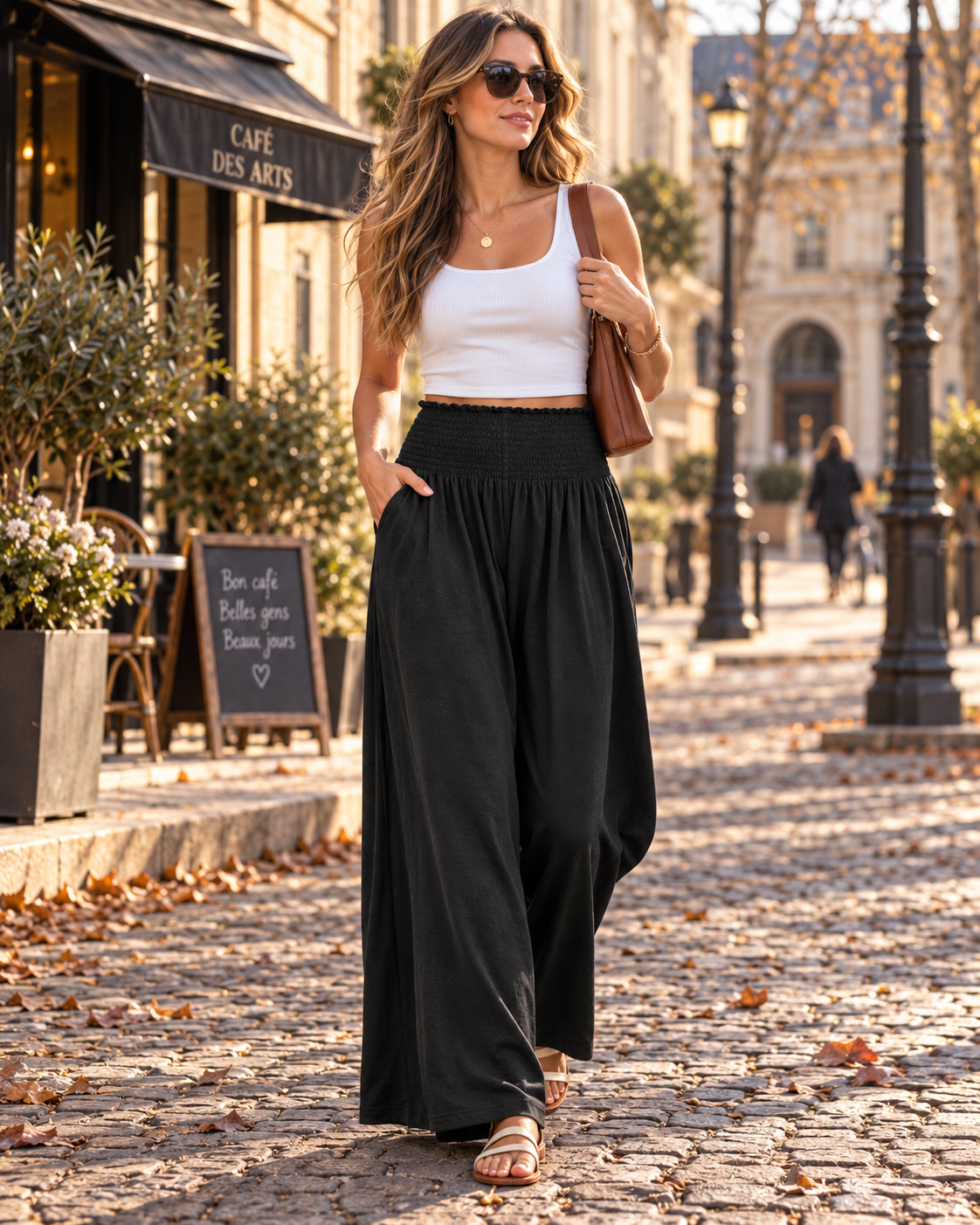 Anastacia Women's Palazzo Trousers – High Smocked Waist, Wide Legs & Pockets