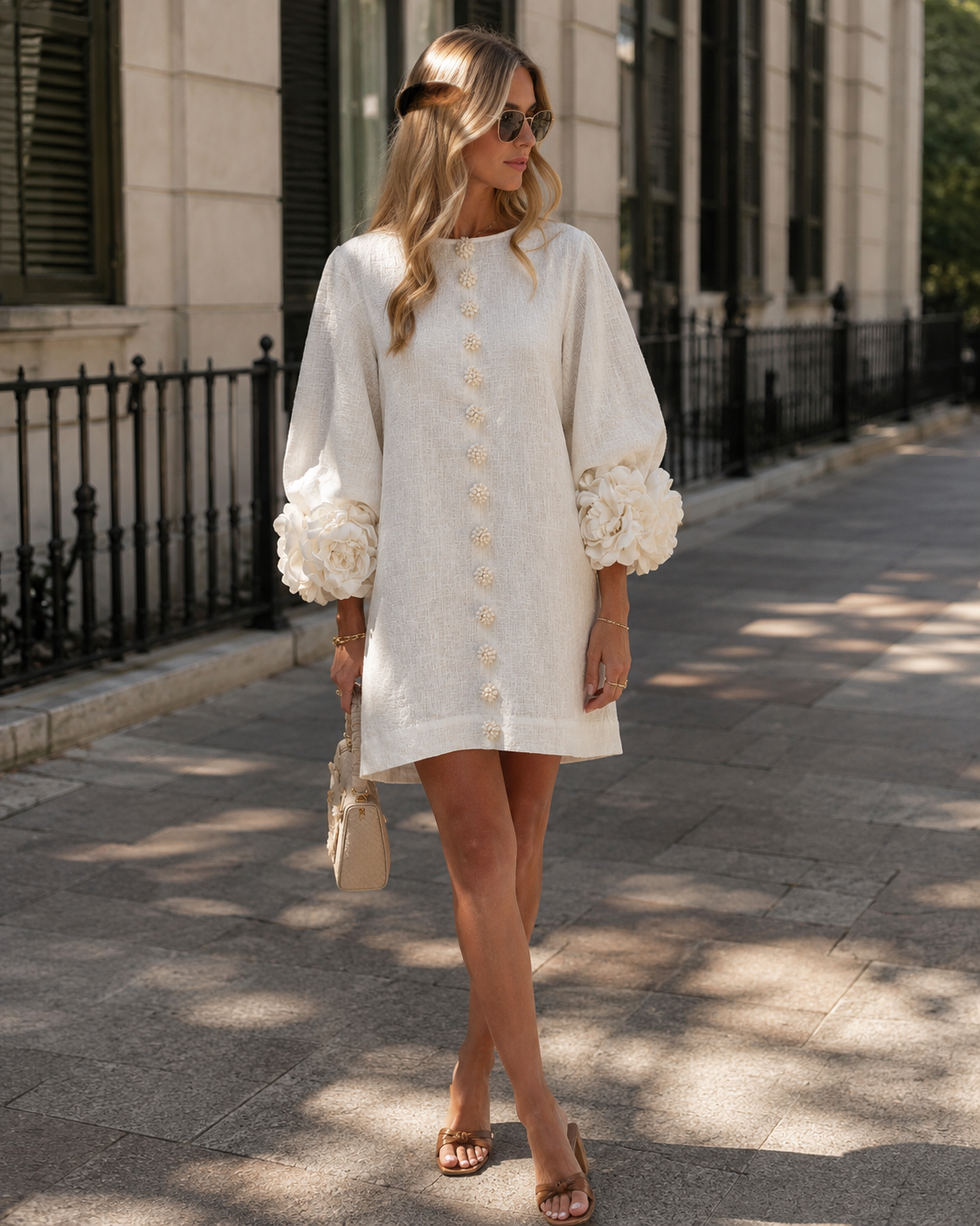 Anita Mini-Kleid für Damen – A-Linien-Schnitt, 3/4-Ärmel und rosafarbene Details an den Bündchen