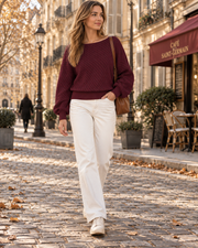Selene Damen-Pullover aus Pointelle-Strick – U-Boot-Ausschnitt, Ballonärmel, Legere Passform