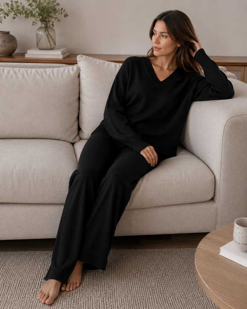 Zenova Women’s Knit Set – V-Neck Sweater and Coordinated Wide-Leg Pants