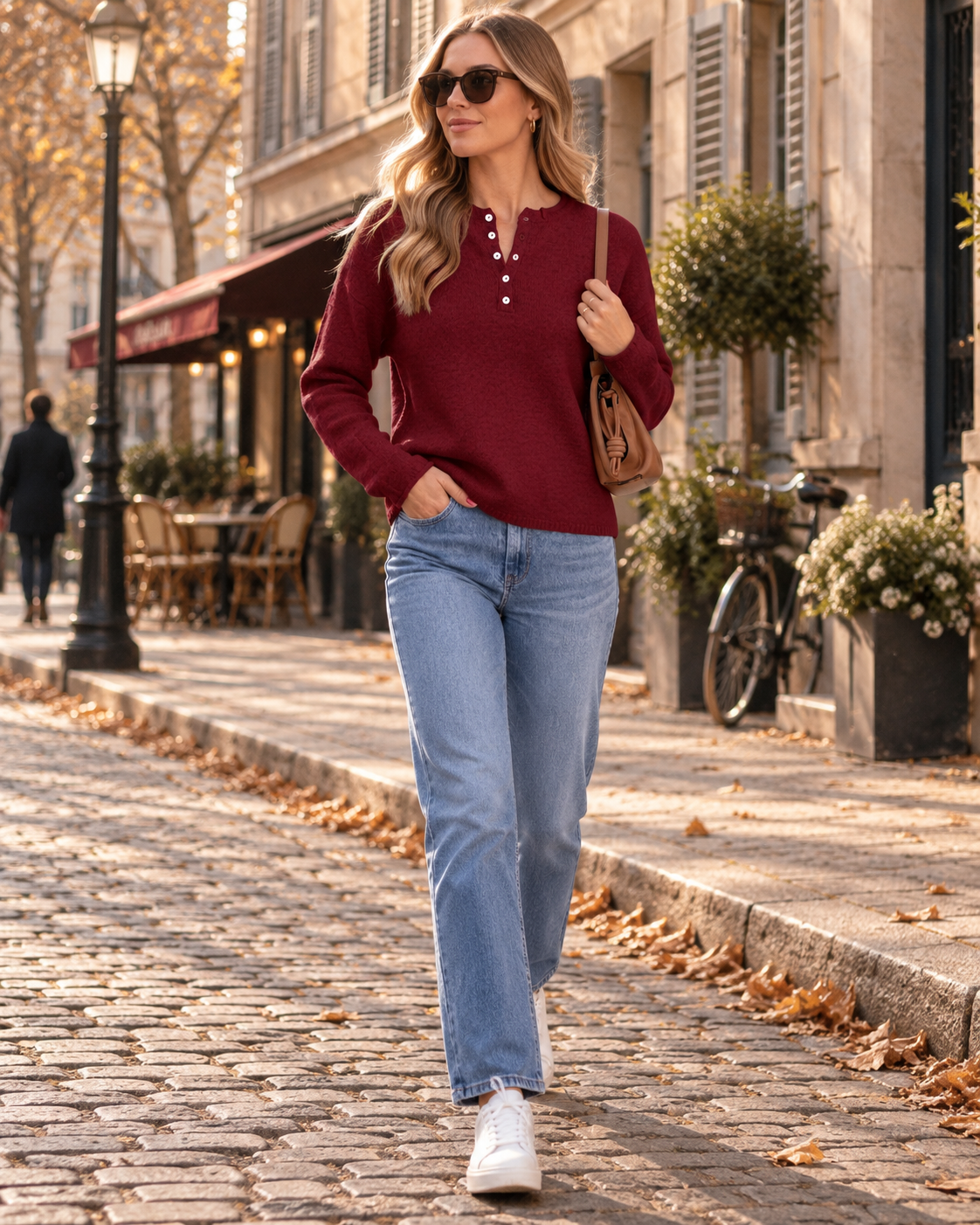 Meila – Damski sweter henley z miękkiej dzianiny, z zapinanym dekoltem, luźnym krojem i długimi rękawami