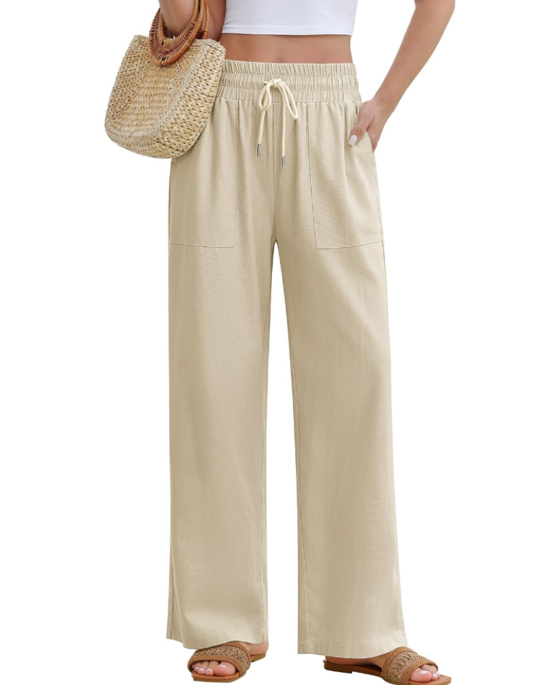 Calças Delphine largas para mulher – Linho, cintura subida com cordão e 4 bolsos