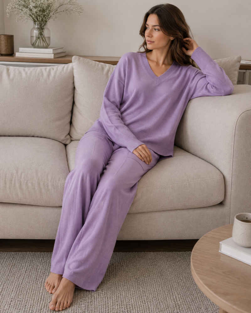 Zenova Women’s Knit Set – V-Neck Sweater and Coordinated Wide-Leg Pants