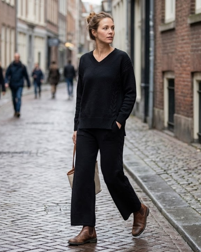 Zyvana dámsky pletený komplet – oversize pulóver s výstrihom do V a široké nohavice s krúteným vzorom