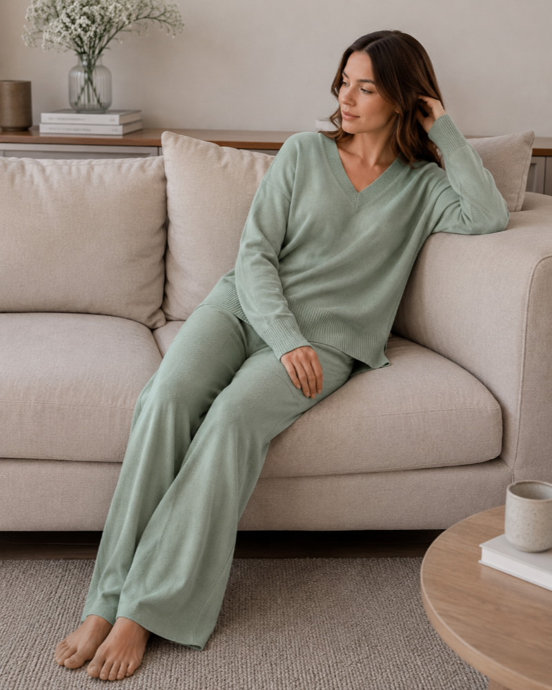 Zenova Women’s Knit Set – V-Neck Sweater and Coordinated Wide-Leg Pants