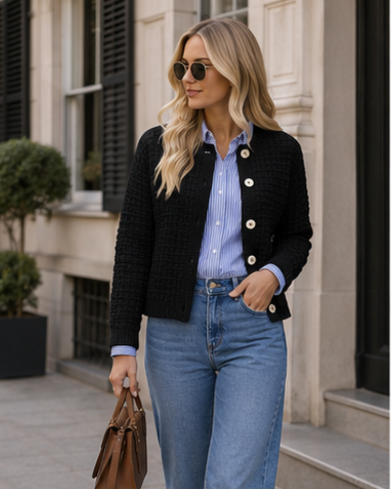 Coralie Cardigan Femme en Maille Texturée – Boutonné à Col Rond et Manches Longues