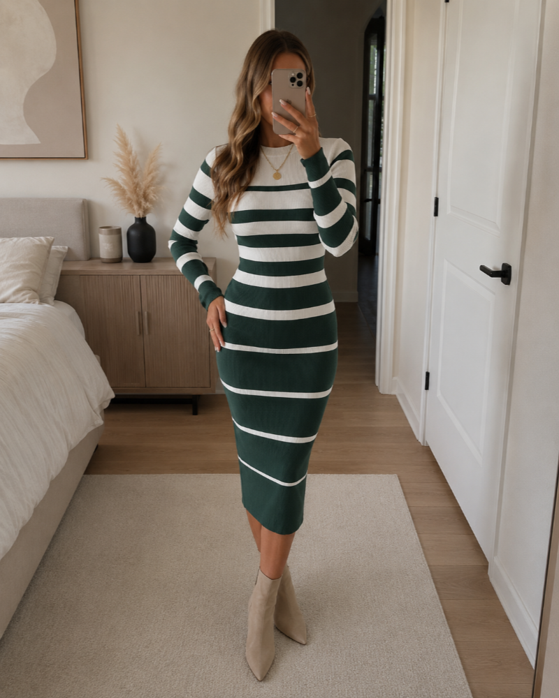 Nadine Women's Midi Pullover Dress – Fitted Striped Knit with Long Sleeves