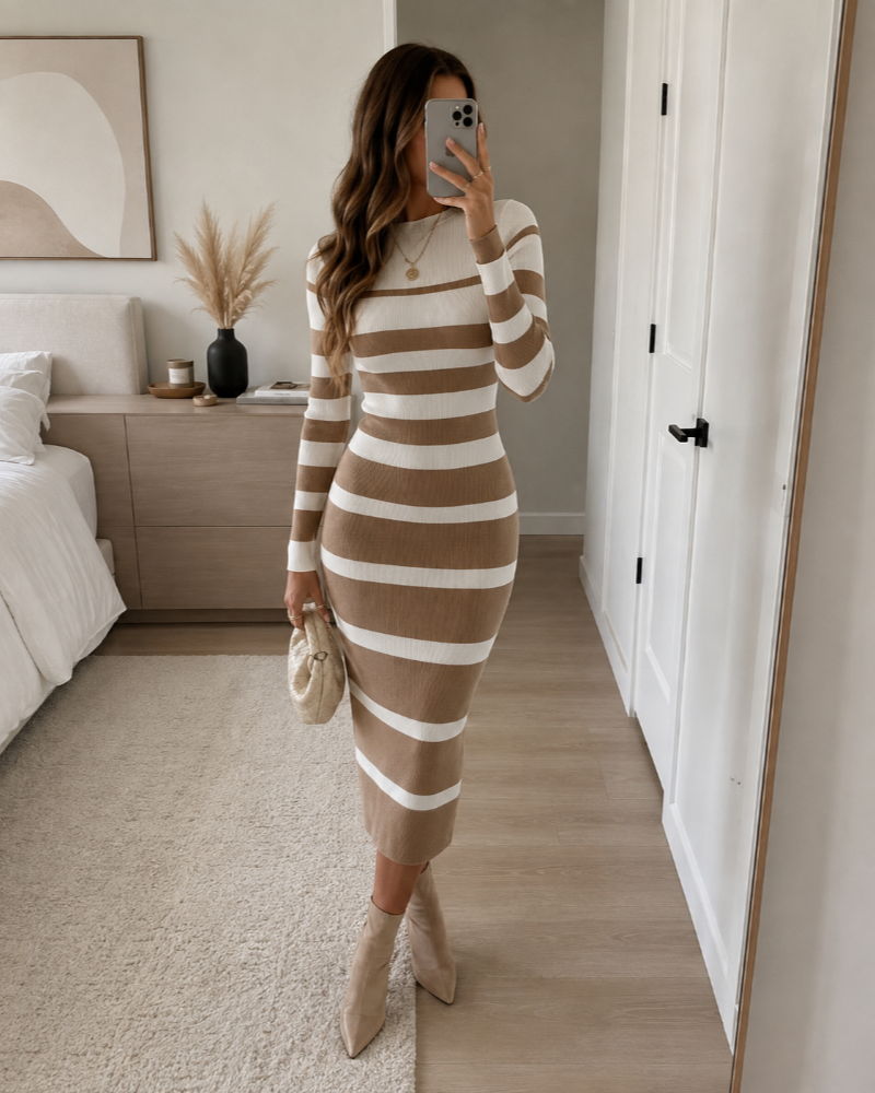 Nadine Women's Midi Pullover Dress – Fitted Striped Knit with Long Sleeves