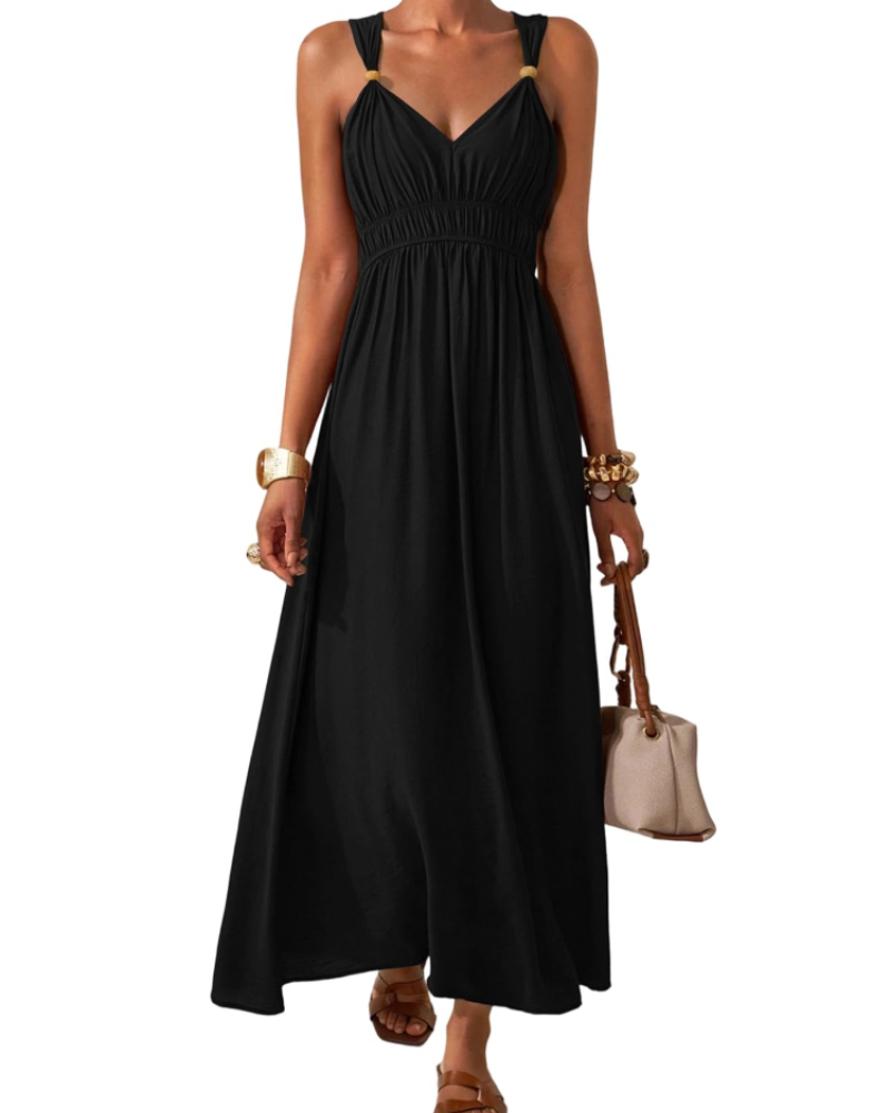 Women’s Long Seren Dress – V-Neck, High Waist, Flared Cut & Bohemian Style