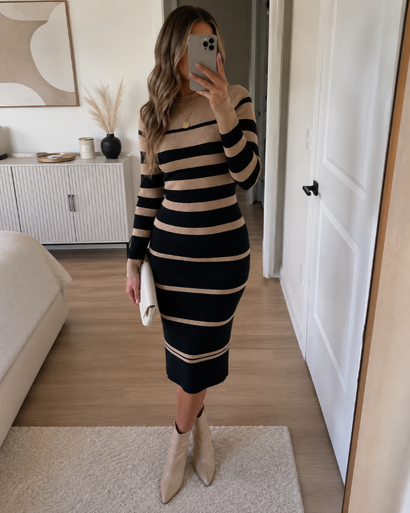 Nadine Women's Midi Pullover Dress – Fitted Striped Knit with Long Sleeves