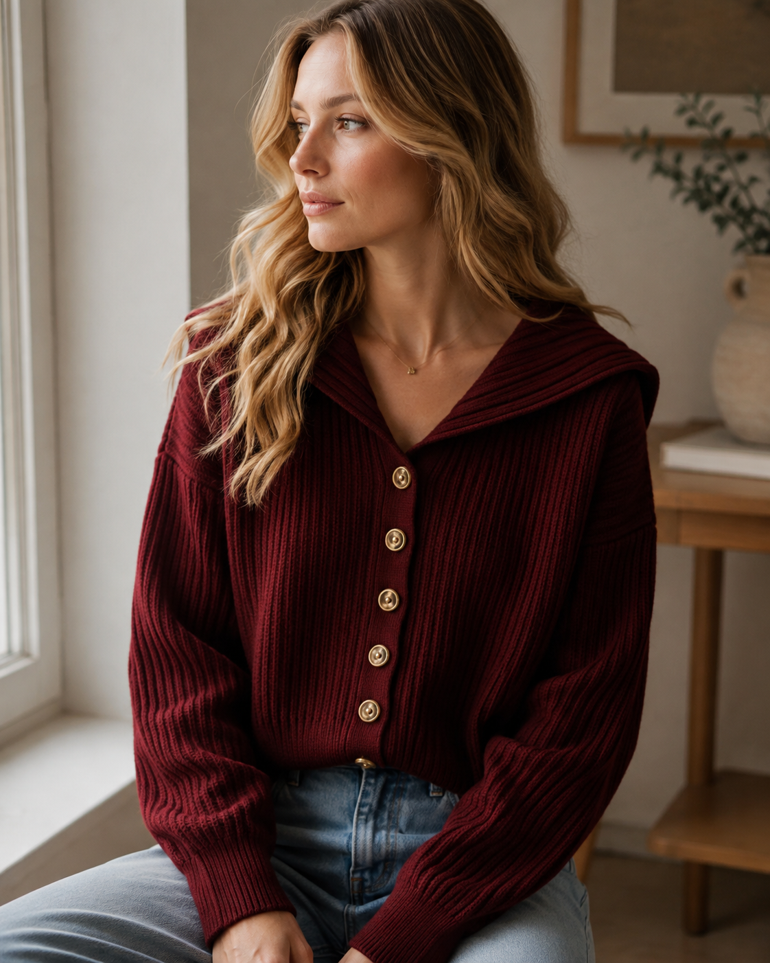 Sloane Women's Knit Cardigan – Sailor Collar, Buttoned & Ribbed Texture