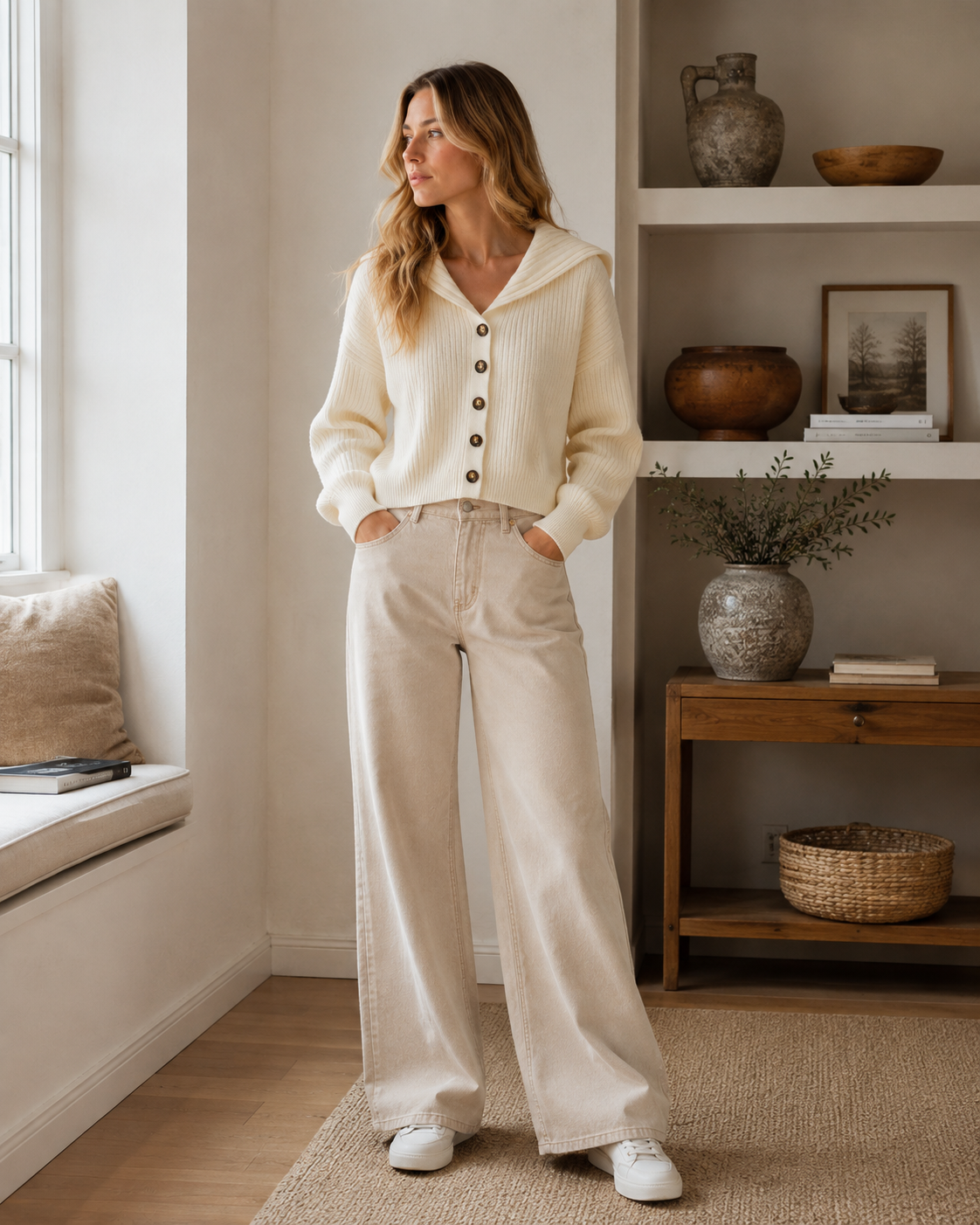 Sloane Women's Knit Cardigan – Sailor Collar, Buttoned & Ribbed Texture