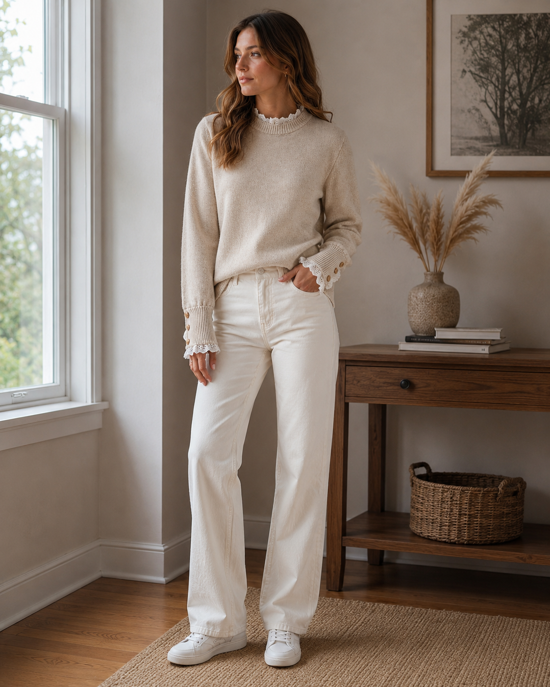 Jersey Greer de punto para mujer – detalles de encaje, puños abotonados y mangas largas
