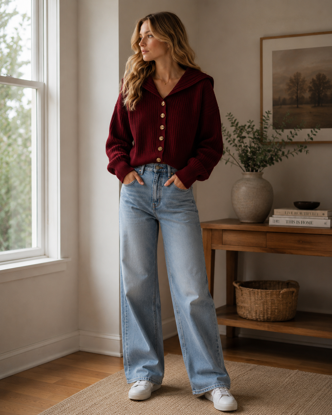 Sloane Women's Knit Cardigan – Sailor Collar, Buttoned & Ribbed Texture