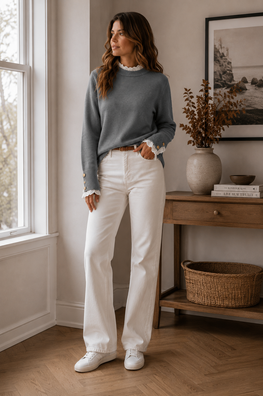 Jersey Greer de punto para mujer – detalles de encaje, puños abotonados y mangas largas
