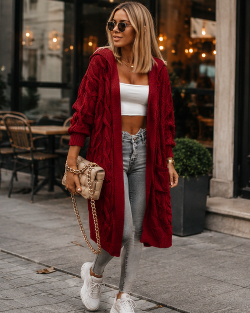 Cardigan comprido Tatiana para Mulher – Malha entrançada, Capuz e Bolsos