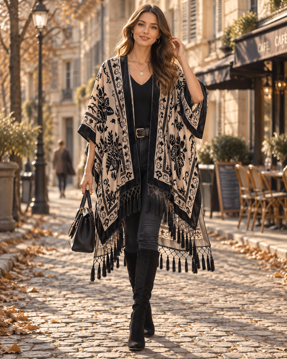 Dámske dlhé zamatové kimono Ofel – kvetinový vzor, strapce s brmbolcami a voľný strih