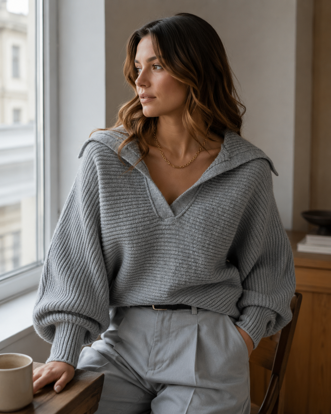 Maglia da donna Tinsley con colletto polo, taglio ampio e maniche lunghe
