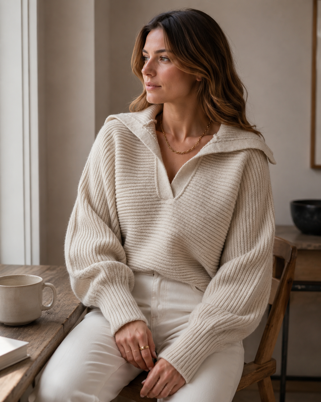 Maglia da donna Tinsley con colletto polo, taglio ampio e maniche lunghe