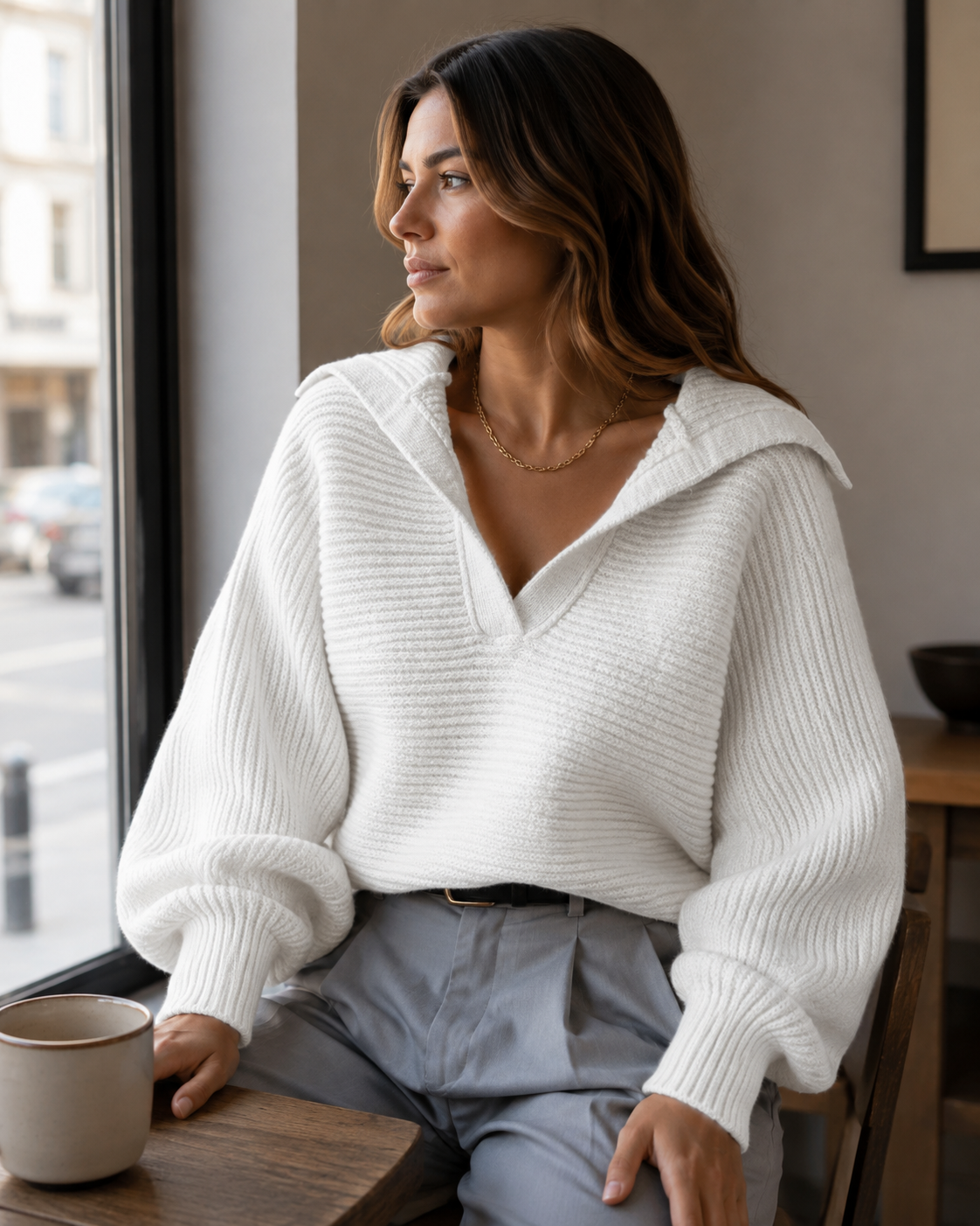 Maglia da donna Tinsley con colletto polo, taglio ampio e maniche lunghe