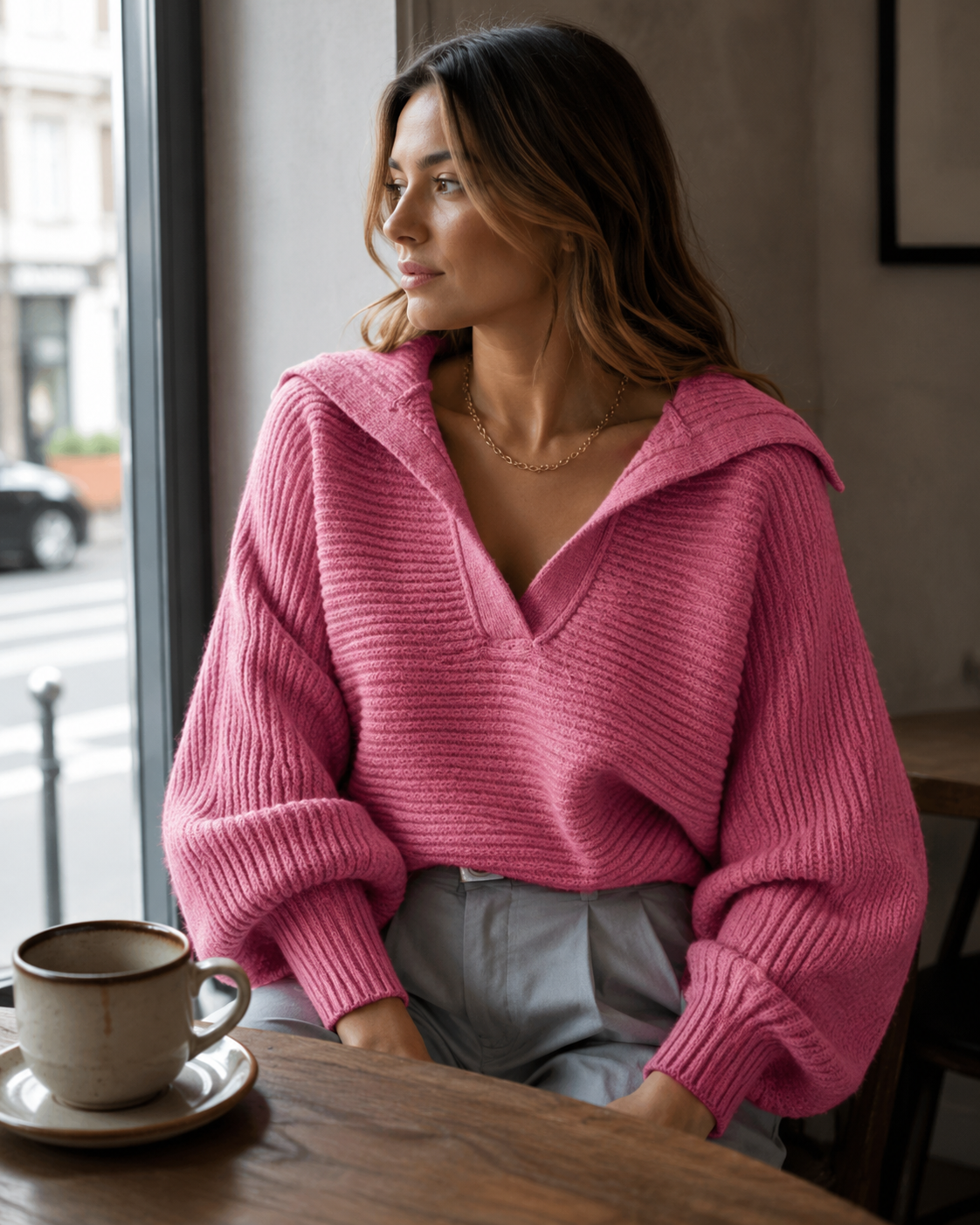 Maglia da donna Tinsley con colletto polo, taglio ampio e maniche lunghe