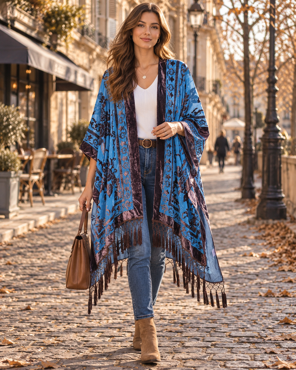 Dámske dlhé zamatové kimono Ofel – kvetinový vzor, strapce s brmbolcami a voľný strih