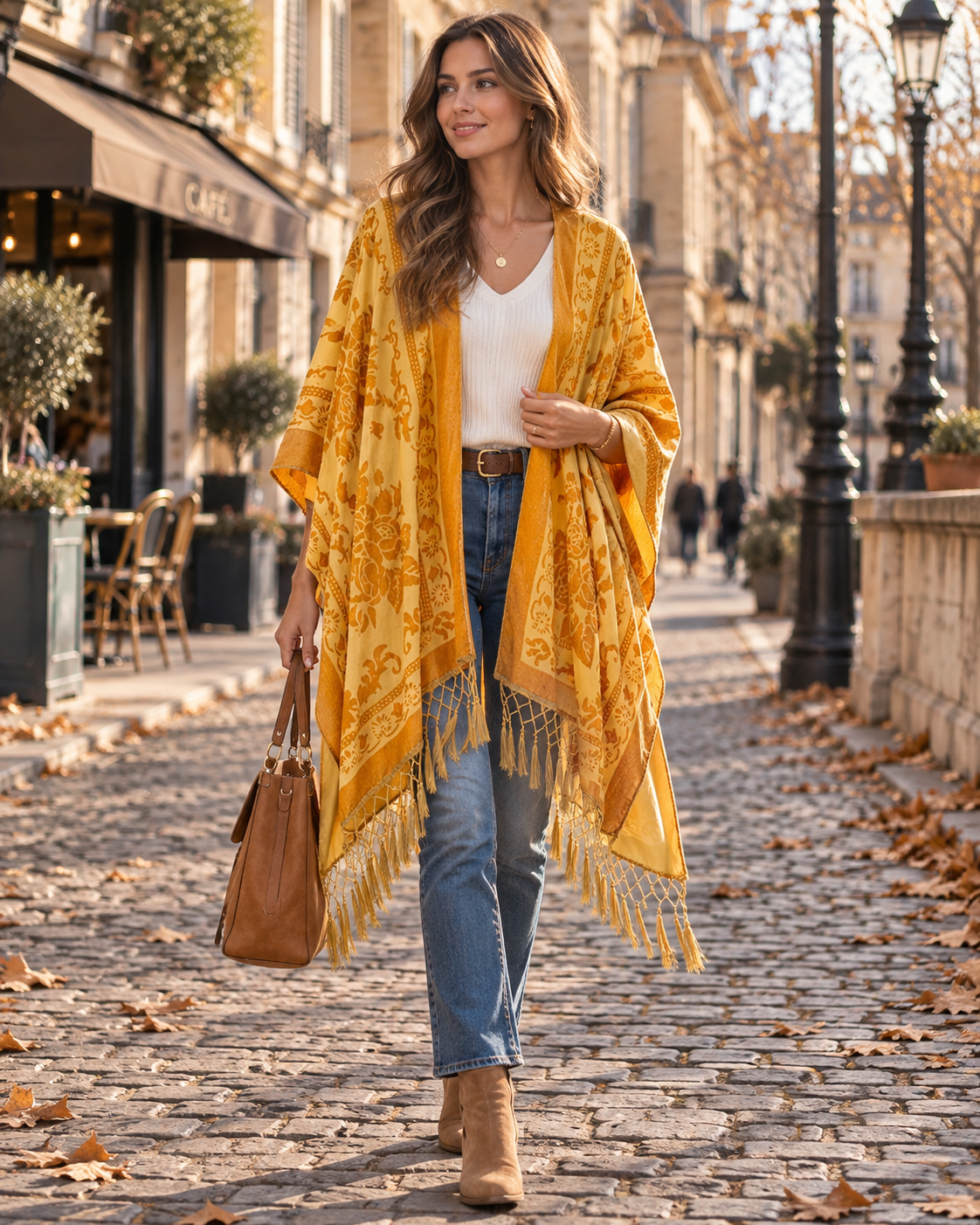 Dámske dlhé zamatové kimono Ofel – kvetinový vzor, strapce s brmbolcami a voľný strih