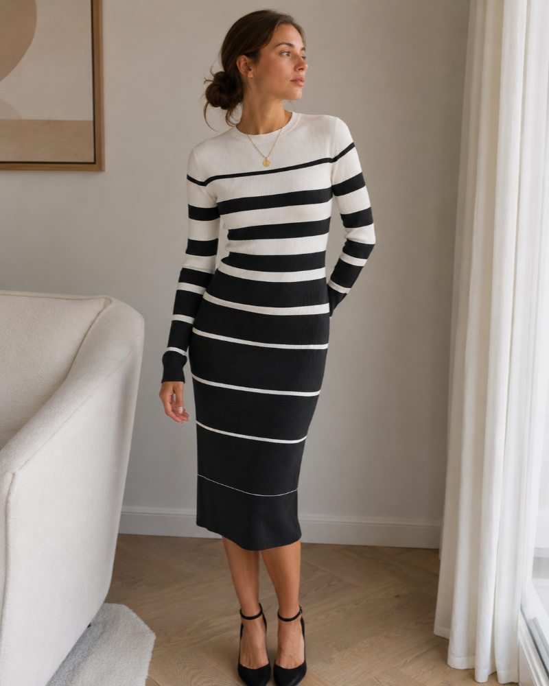 Nadine Women's Midi Pullover Dress – Fitted Striped Knit with Long Sleeves