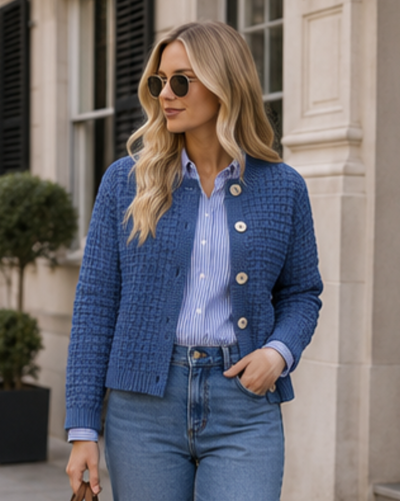 Coralie Cardigan Femme en Maille Texturée – Boutonné à Col Rond et Manches Longues