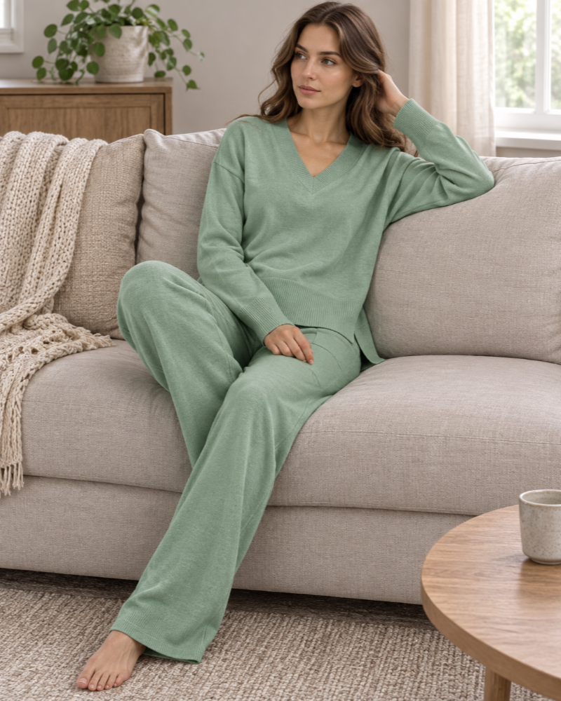 Zenova Women’s Knit Set – V-Neck Sweater and Coordinated Wide-Leg Pants