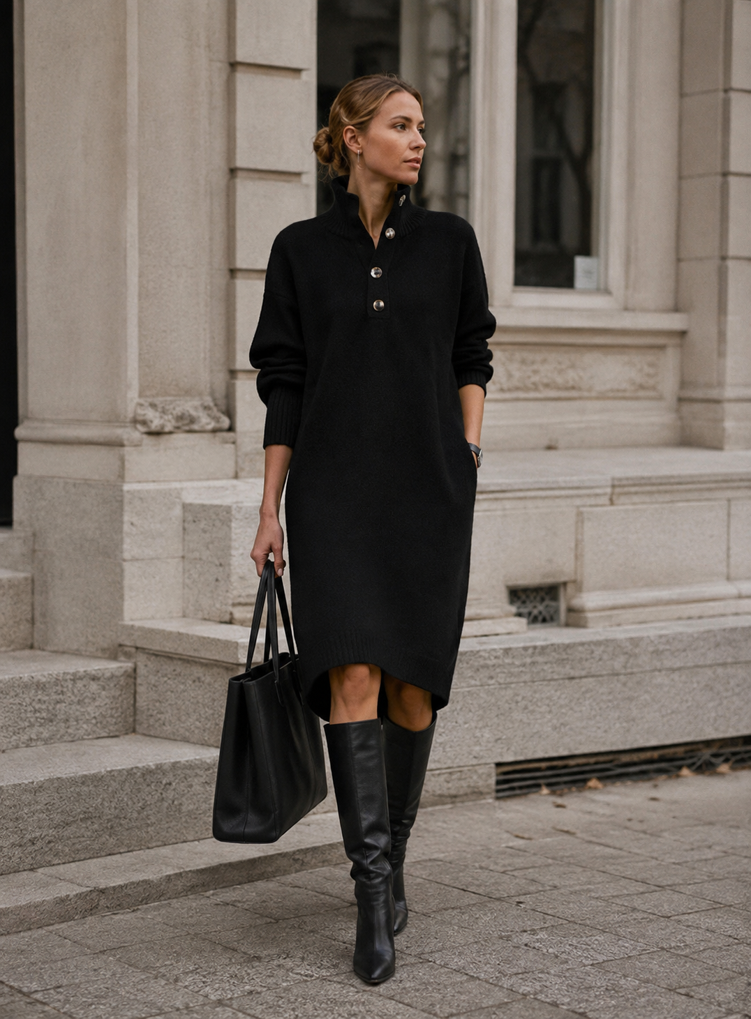 Vestido de malha midi para mulher Kaia – malha suave, gola alta e corte descontraído