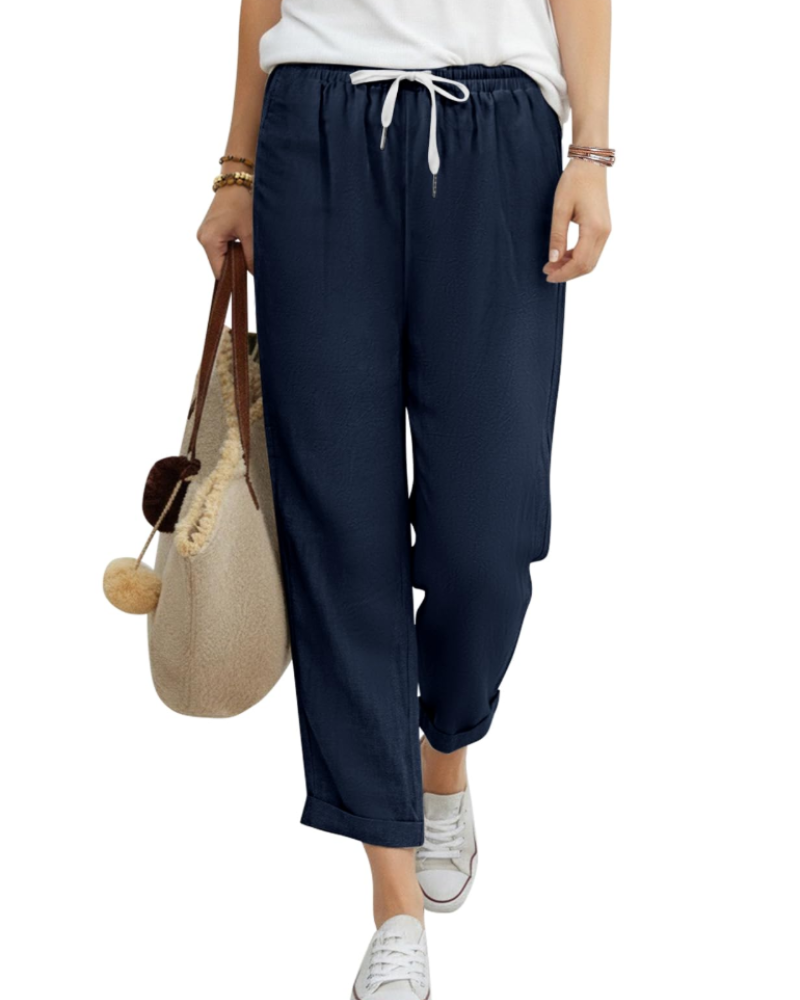 Maelis Pantalon 7/8 Femme – 100% Coton, Taille Élastique à Cordon & Poches